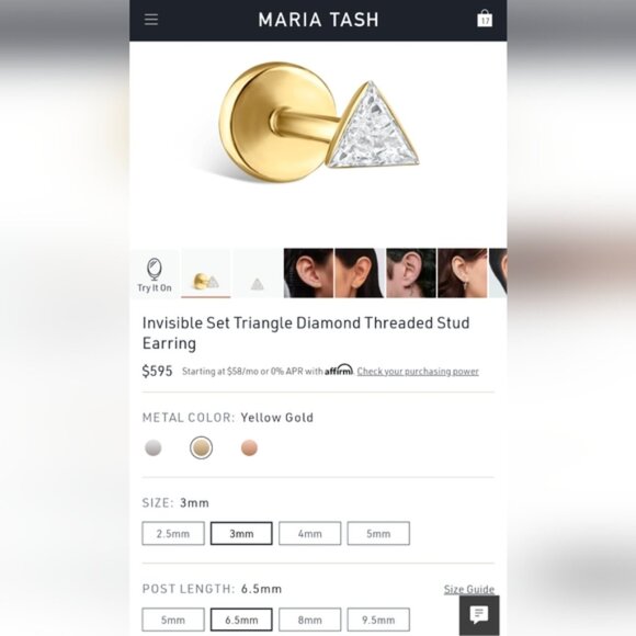 ***SOLD*** Maria Tash YG Invisible Set Triangle Diamond Threaded Earring 3mm - Picture 8 of 9